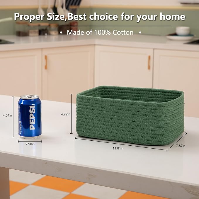 4 Pack Small Storage Shelf Baskets for Organizing, Mini Woven Rope Storage Bins for Towels, Cute Decorative Closet Organizer，Baby Nursery, Gift Empty Baskets -11.81''Lx7.87''Wx4.72''H-Green