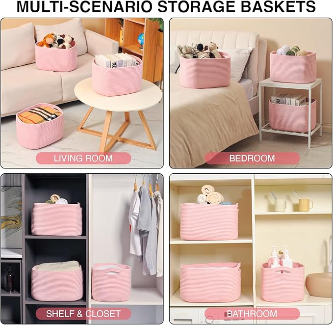 Storage Baskets for Organizing Shelves, Pink Basket for Nursery, Woven Cotton Rope Baskets for Storage, Towel Basket for Bathroom, 15"x11"x9.5", 3 Packs, Light Pink