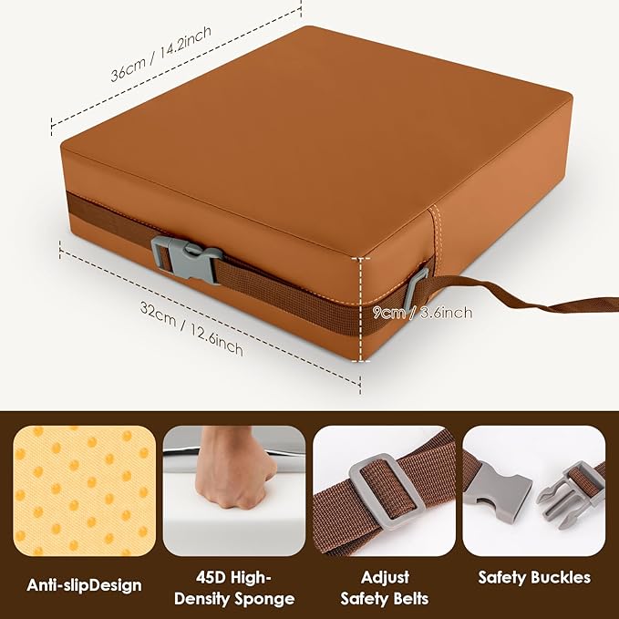 Booster Seat for Kitchen Chair with Comfy Backrest and Adjustable Safety Buckles,Non-Slip Kid Toddler Booster Seat for Dining Table,Portable PU Travel Baby Booster Increasing Cushion Chair