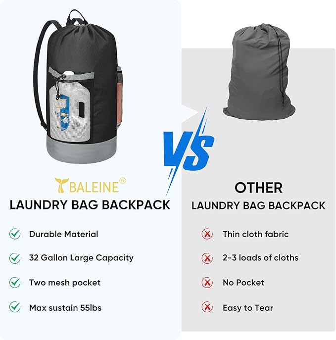 BALEINE 150L Laundry Bag Backpack, 900D Oxford Fabric Large Travel Laundry Bags with Shoulder Straps and 2 Mesh Pockets for College Dorm, Apartment, Laundromat (Black, 150L)