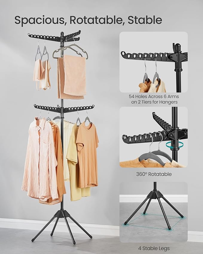 SONGMICS 2-Tier Clothes Drying Rack, 75.2-Inch Folding Laundry Drying Rack with 6 Rotatable Arms for Hangers, Stainless Steel, for 54 Pieces of Clothes, Black ULLR514B01