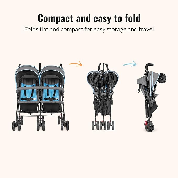 Dream On Me Volgo Twin Umbrella Stroller in Blue, Lightweight Double Stroller for Infant & Toddler, Compact Easy Fold, Large Storage Basket, Large and Adjustable Canopy