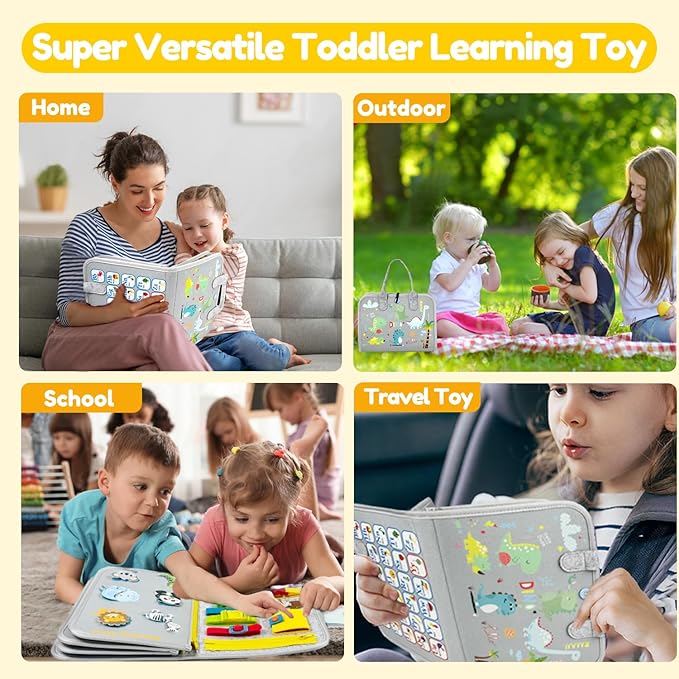 Qizfun Busy Board Book Montessori Toys for 1 2 3 4 Year Old, Boy Girl Birthday Gifts, Educational Sensory Learning Toys for Toddlers 1-3, Car Airplane Travel Activities Toys for Kids Ages 2-4 Year Old