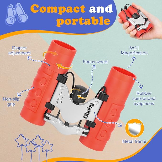 Obuby Real Binoculars for Kids Gifts for 3-12 Years Boys Girls 8x21 High-Resolution Optics Compact Toy Binocular for Bird Watching,Travel, Camping