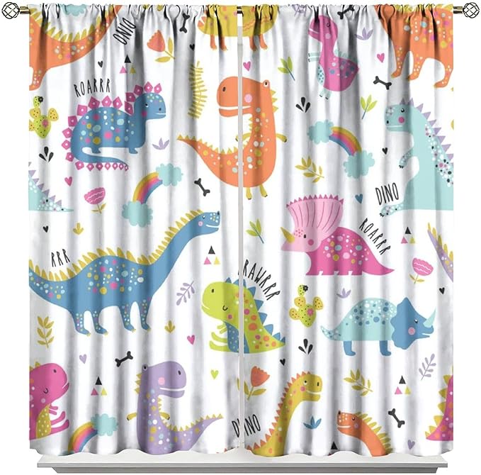 Cartoon Dinosaur Curtains for Kids Boys Girls Home Decor Childish Cute Dino Animals Print Pattern Rod Pocket Blackout Window Drapes for Nursery Baby Bedroom Playroom W21xL45in 2 Panels