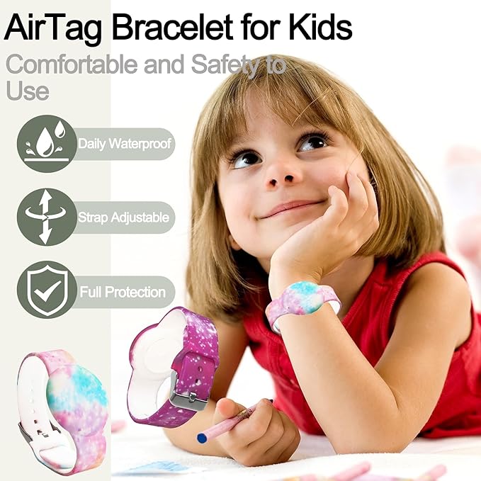 2 Pack Waterproof AirTag Bracelet for Kids, Hidden Printed Wristband for Apple Air Tag, Silicone AirTag Holder GPS Tracker Case for Band for Child Toddler, Secure Anti-Lost Protection(Pink,Purple)