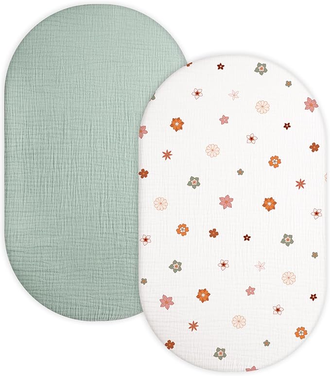 Bassinet Sheet for Baby Boy and Girl 2 Pack, Fitted Sheets for Rectangle, Oval, Hourglass Bassinet Mattress, Muslin Moses Basket Sheets with Neutral Style (Sage & Flower-B)