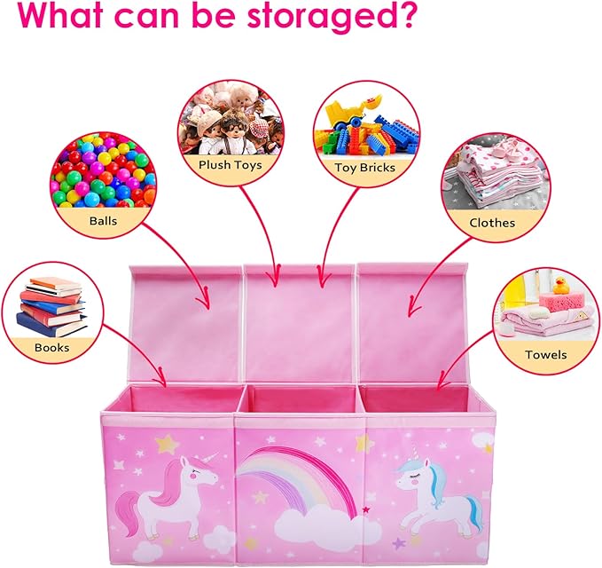 Unicorn Extra Large Toy Box Chest with Flip Lid for Kids, Collapsible Oxford Toy Storage Box with Handles Mesh Pockets, Sturdy Waterproof Toy Box for Bedroom Playroom, 37.7×12.5×15.7 Inch