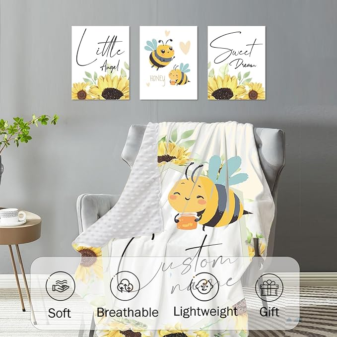 Personalized Baby Crib Bedding Set for Baby Girls, Yellow Bee Pattern Custom Name Baby Crib Sets 5-Pcs, Toddler Double Layer Blanket Fitted Sheets Changing Pad Cover Rug Wall Art Set