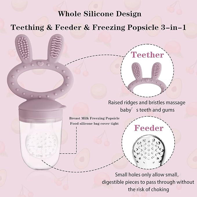 Baby Solids/Frozen Fruit Feeder Pacifier, Infant Teether Toy 4M+, BPA-Free Silicone Pouch & Nipple, Safely Introduce Solids, Teething Relief, 2-Pack (Rabbit - Pink Purple, S/M/L)