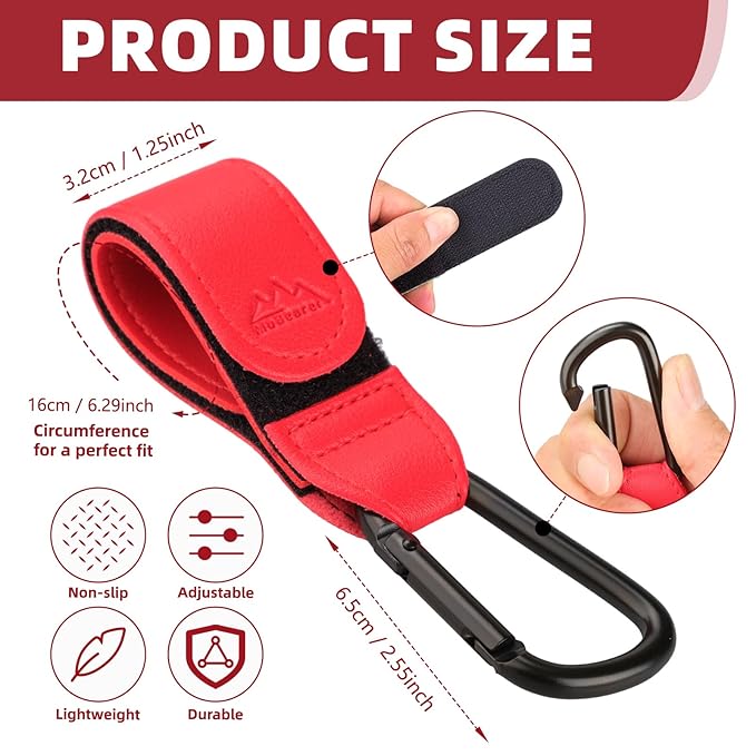 Baby Stroller Hooks Bag Hooks for Hanging Diaper Bags Multipurpose Hooks for Grocery Shopping Bags Premium Vegan Leather Pram Straps 2 Pcs (red)