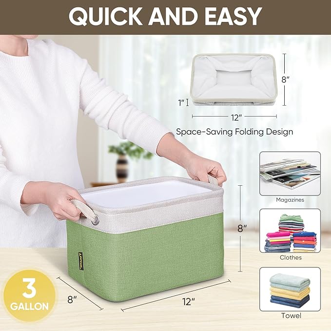 BALEINE 3 Pack Fabric Storage Bins for Shelves, Linen Storage Baskets for Organizing, Decorative Closet Bins for Clothes, Home (Green, 12"x8"x8")