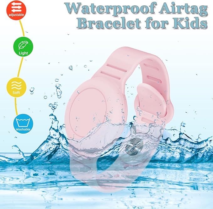 Kids Waterproof Airtag Bracelet Compatible with Apple AirTag, Hidden Silicon Protective Case for Air Tag GPS Tracker Holder, Adjustable Anti-Lost Watch Band for Toddler Child (Pink & Purple)