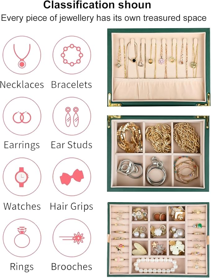 Small Jewelry Organizer for Women, 2-Layer Travel Jewelry Box with Portable Case, Necklace Ring Storage for Dresser, Girls Teens Gifts (Green)