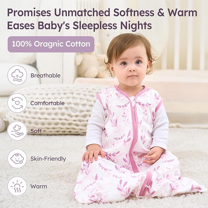 Baby Sleep Sack 0-6 Months 3 Pack 100% Cotton Lightweight 0.5 TOG Wearable Blanket Baby Sleep Bag with 2-Way Zipper for Newborn Infant Purple Leaf
