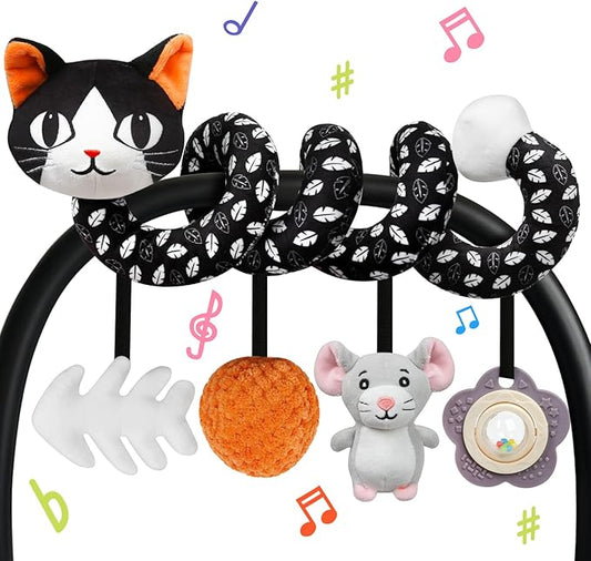 Car Seat Toys for Babies 0-6 Months,Hanging Rattle Toys for Crib Mobile, Baby Spiral Hanging Stroller Black and White High Contrast Toys for Newborn 0 3 6 9 12 Months Baby Boys Girls (Cat)