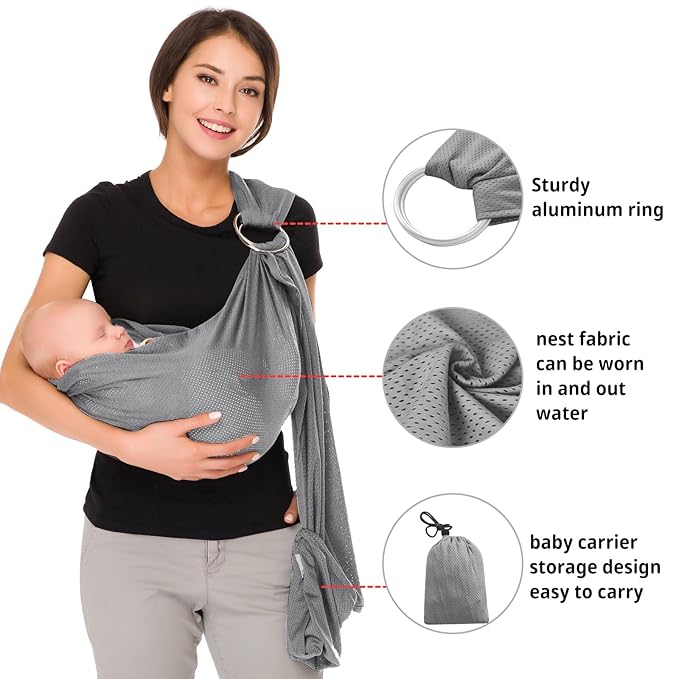 CUBY Water Baby Sling Carrier Lightweight Breathable Mesh Baby Ring Slings, Adjustable Quick-Drying Ring Sling Baby Carrier for Newborn Kids Toddlers Summer Swimming Pool Beach(Light Gray)