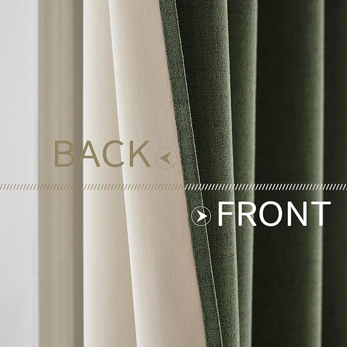 MIULEE 100% Blackout Linen Textured Curtains for Bedroom Solid Thermal Insulated Olive Green Grommet Room Darkening Curtains & Drapes Luxury Decor for Living Room Nursery 42 x 63 Inch (2 Panels)