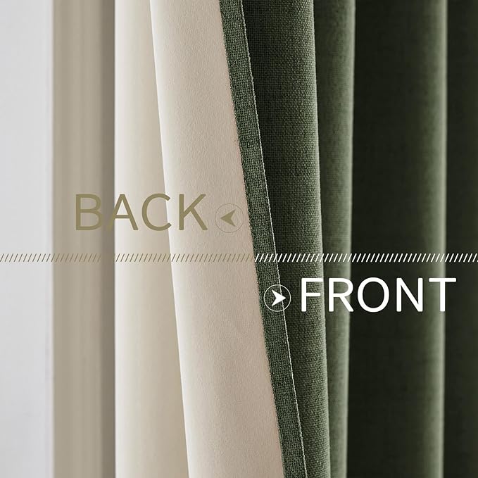MIULEE 100% Blackout Linen Textured Curtains for Bedroom Solid Thermal Insulated Olive Green Grommet Room Darkening Curtains & Drapes Luxury Decor for Living Room Nursery 52 x 108 Inch (2 Panels)