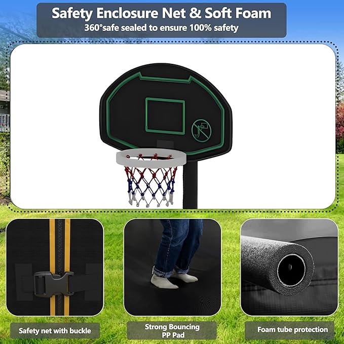 Upgraded 10/12/14/15/16FT Trampoline Outdoor, Large Kids Trampoline with Light, Stakes, Sprinkler, Backyard Trampoline with Basketball Hoop and Net, Capacity for 4-6 Kids and Adults