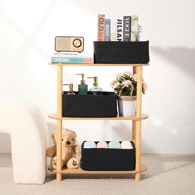 Small Storage Baskets for Organizing | Closet Organizer Bins | Shelf Toy Basket | Woven Rope Baskets | Cube Decorative Box | Shallow Basket | 13x8.5x5.1” | 4 Packs Black