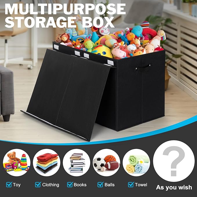 popoly 122L Large Toy Box Chest with Lid, Foldable Toy Storage Organizer Bin Boxes with Removable Divider for Kids, Boys, Girls, Nursery, Playroom, 26"x17" x17"(Linen Black)
