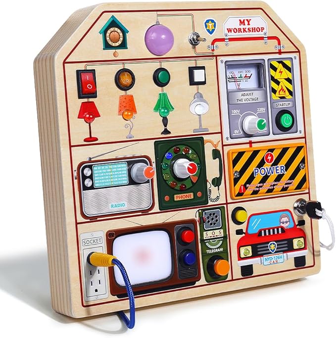 JAUNTY Montessori Wooden Busy Board for Toddlers 3 4 5 Years Old, Wooden Sensory Toddler Toys with LED Light Switches, TV Radio Telegram and Car Driving, Travel Toys Birthday for Boys Girls