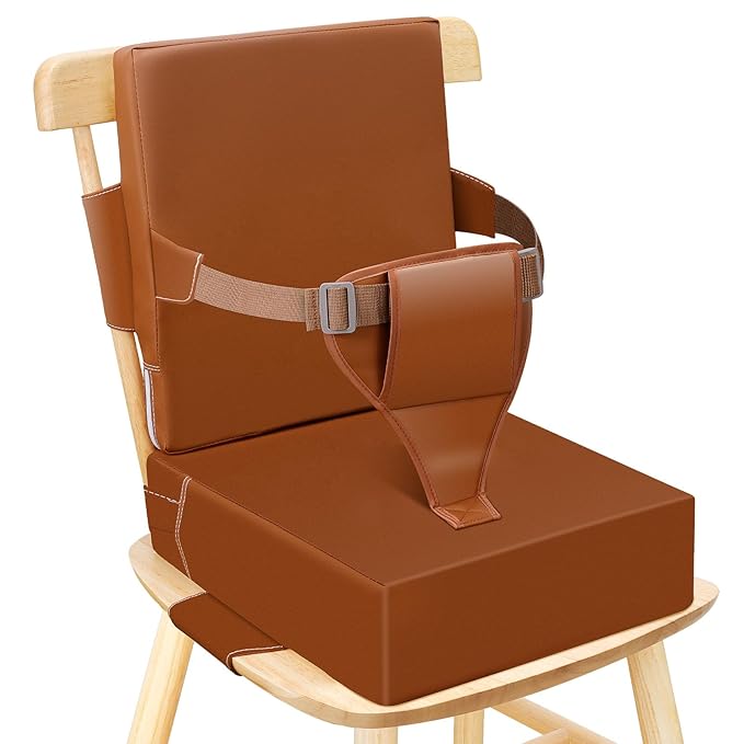 Toddler Booster Seat for Dining Table Kitchen Chair, Waterproof Non-Slip with Backrest & Adjustable Straps, Portable PU Travel Baby Kids Booster Seat Cushion