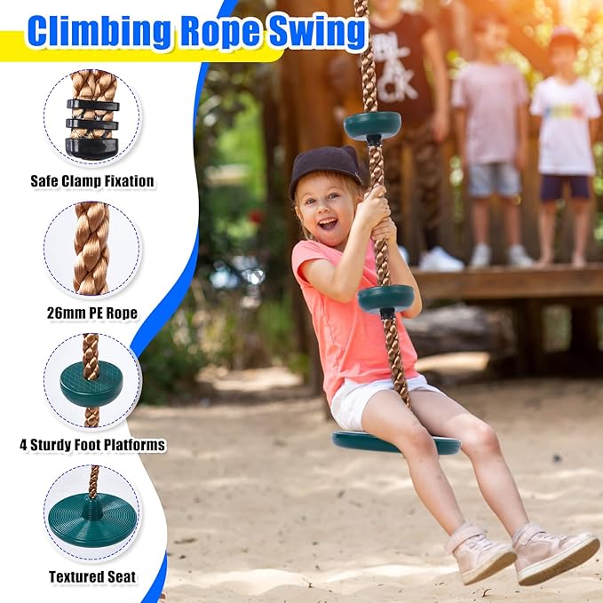 Hungdao 2 Set Gym Ring Trapeze Swing Bar and Climbing Rope with Platforms Disc Heavy Duty Coated Chains Seat Accessories for Outdoor Indoor Playground Backyard(Green)