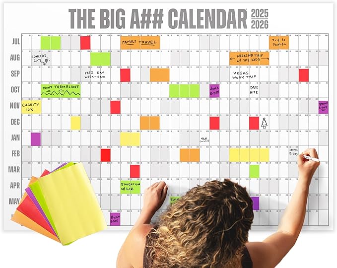 The Big A## Calendar Mid-Year Wall Planner – July to June Dry-Erase Board – Includes 1 Markers & 100 Labels – Lightweight, Easy to Hang Yearly Planner – Plan Goals & Adventures – Gray, 4’x3’