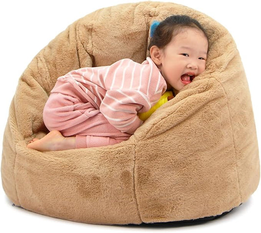 N&V Small Bean Bag Chair for Kids, Children Mini Bean Bag Sack, Foam Filling, Includes Removable and Machine Washable Cover, 27in, Soft Faux Fur (Brown)