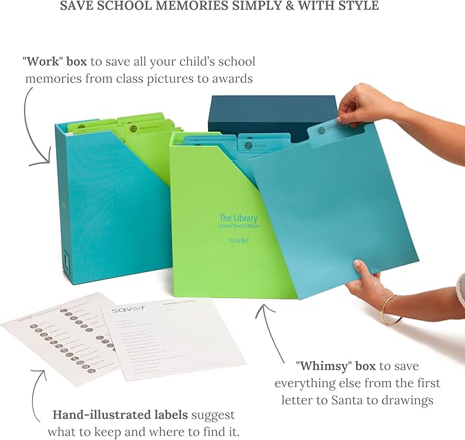 Savor | Deluxe School Years Keepsake Box | Fabric Bound Acid-Free Childhood Memory Organizer with Labels for Birthday, Graduation, Mitzvah, Mother’s Day, and Baby Shower (Ocean, Harper)