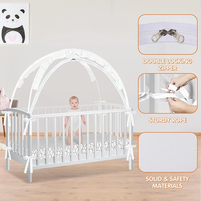 Crib Tent to Keep Baby from Climbing Out - Crib Net to Keep Baby in - Pop Up Breathable Cribs Cover - Canopy with Upgrade Strong Mesh and Durable Zipper (White - Lines, Lager)