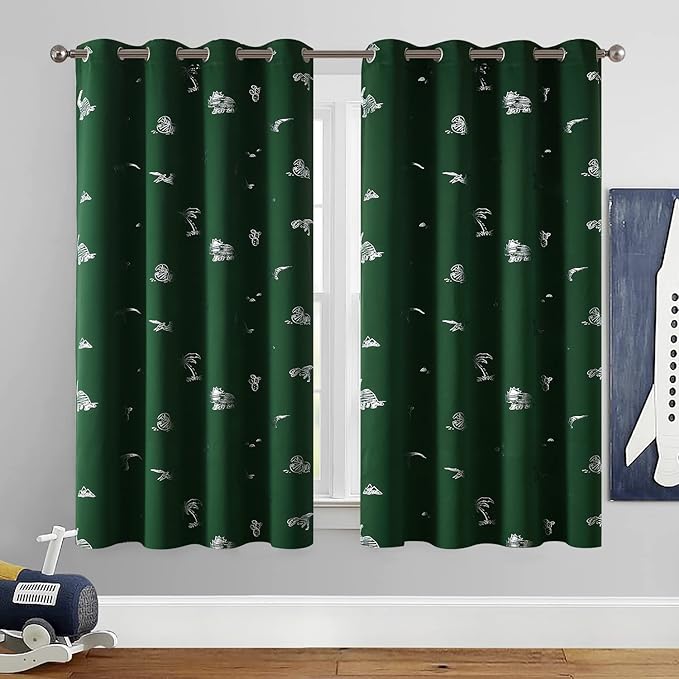 Vangao Kids Curtains Green Blackout Dinosaur Curtains for Boys Kids Nursery Girls Room Silver Dino Foil Print Thermal Insulated Drapes Grommet Top Window Treatments 63 Inches Length 2 Panels