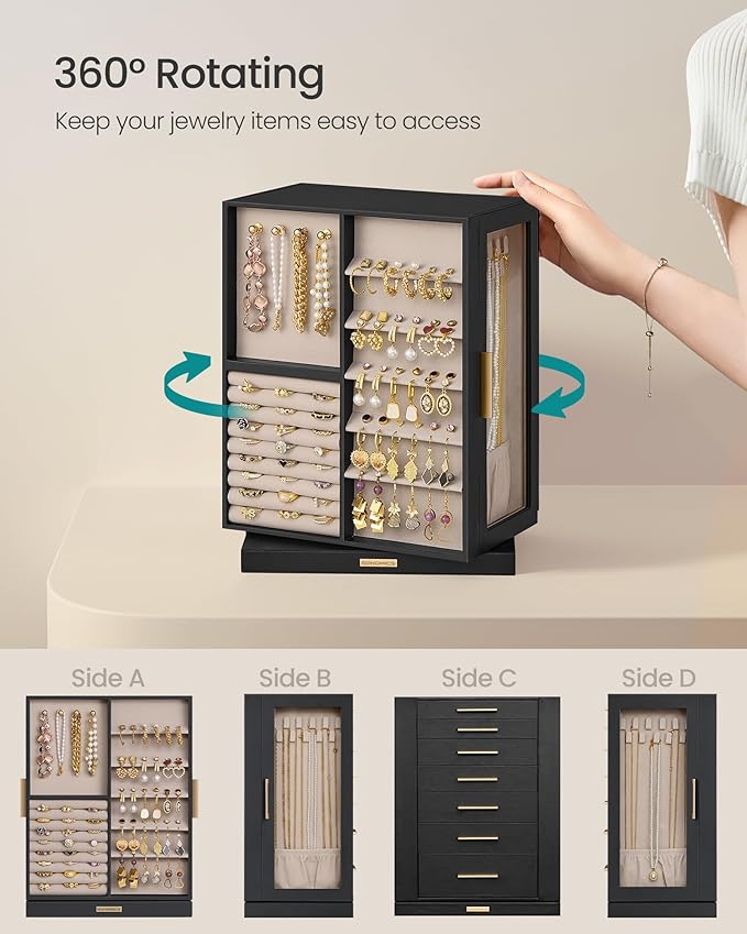 SONGMICS Jewelry Box 360° Rotating, Jewelry Storage Case with 7 Drawers, Jewelry Organizer, Glass Window, Spacious, Vertical Jewelry Storage, Open Design, Great Gift, Ink Black UJBC201B01