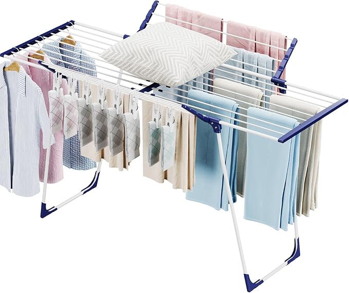 APEXCHASER Clothes Drying Rack, Foldable Gullwing Laundry Rack for Indoor Outdoor, 10pcs Clips with Bag, Collapsible Space-Saving Drying Rack for Clothes Towels Dolls, White