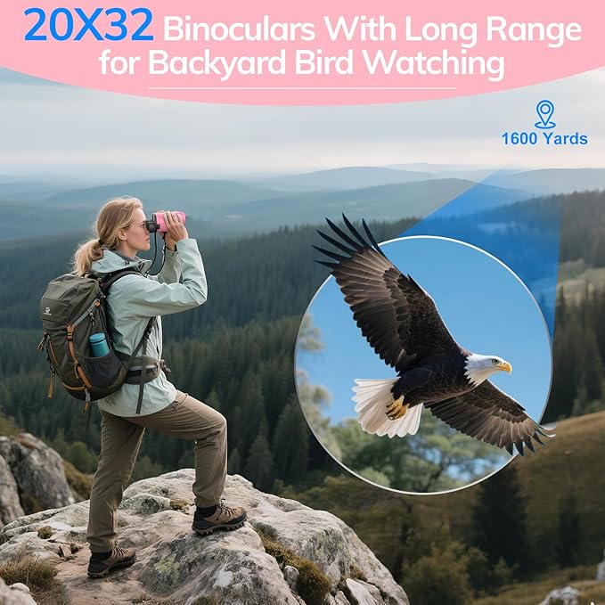 Compact Binoculars for Adults High Powered - OPAITA 20x32 Small Binoculars for Adults Kids with Low Light Vision for Hunting Cruise Ship Travel Concert Hiking Pink
