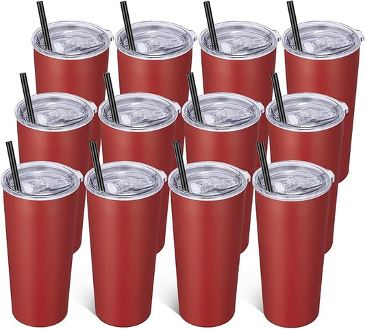 VEGOND 20oz Tumbler Bulk with Lid and Straw 12 Pack, Stainless Steel Vacuum Insulated Tumbler, Double Wall Coffee Cup Travel Mug, Red