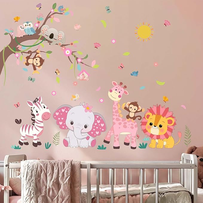 Pink Forest Baby Animals Wall Decals - Elephant Lion Giraffe Monkey Zebra Wall Stickers - Nursery Kids Girls Boys Room Daycare Playroom Classroom Wall Decor