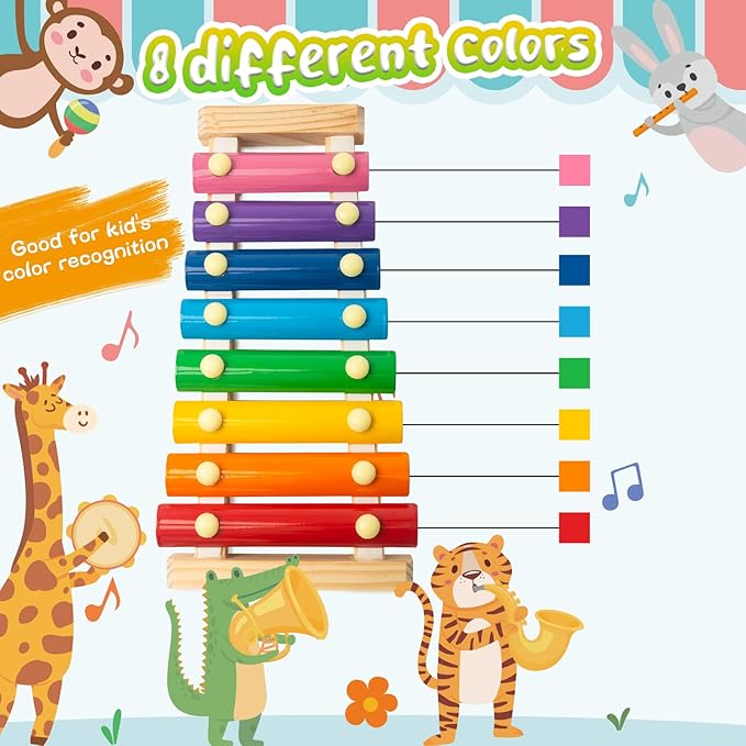 LovesTown Wooden Xylophone Musical Toy, 8 Rainbow Keys, 2 Mallets, Educational Instrument for Toddlers