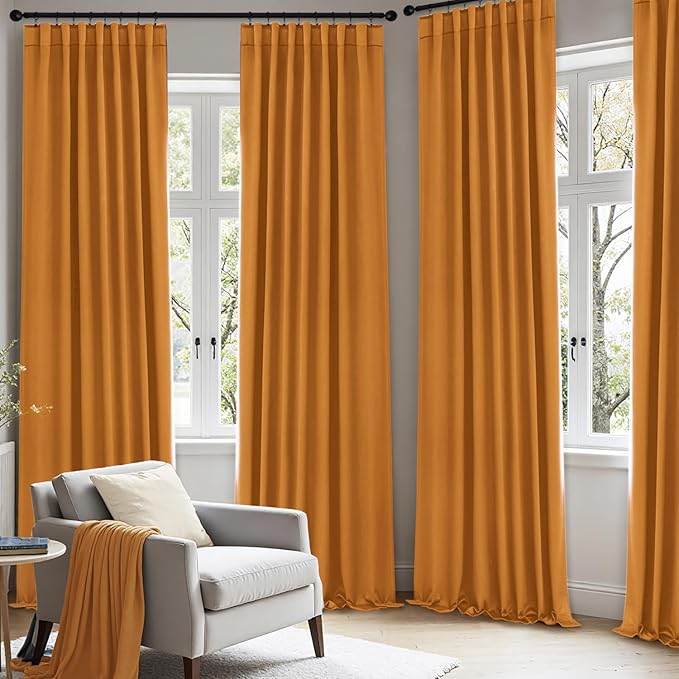 ANRODUO Back Tab Blackout Curtains for Bedroom Living Room, Rod Pocket Pinch Pleated Thermal Insulated Room Darkening Curtains 63 Inches Long 2 Panels, Mustard Yellow, 42 x 63 Inch