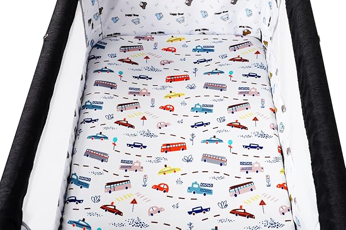 Pack n Play Sheet Stretchy Fitted Portable Mini Crib Sheets Set 3 Pack,Playard Sheets Convertible Playard Mattress Cover,Ultra Soft Jersey Material,Rocket Satellite,Car & Bus