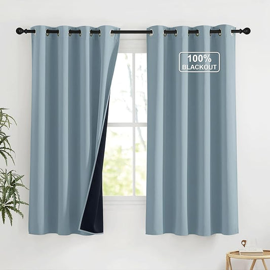 NICETOWN Blackout Curtains 63 Inches Long Room Darkening Thermal Insulated Energy Saving Smart Grommet Short Plylux Curtain Draperies for Kitchen, 2 Panels, Greyish Blue, 52 x 63