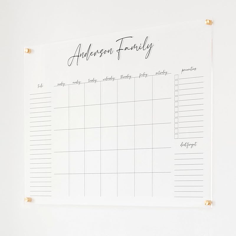 Personalized Clear Acrylic Calendar for Wall, Calendar Whiteboard for Wall, Dry Erase Wall Calendar, Wall Calendar Organizer System for Home (Cursive, Black, 38"W x 26"H)