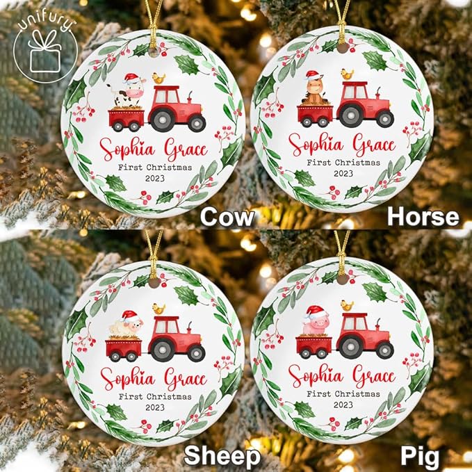 Unifury Personalized Baby First Christmas Ornament 2024, Adorable Keepsake for Babies First Christmas Tree, Holiday Decor for Celebrating Ceramic Babys 1st Christmas Ornament 2024, Farm Animal