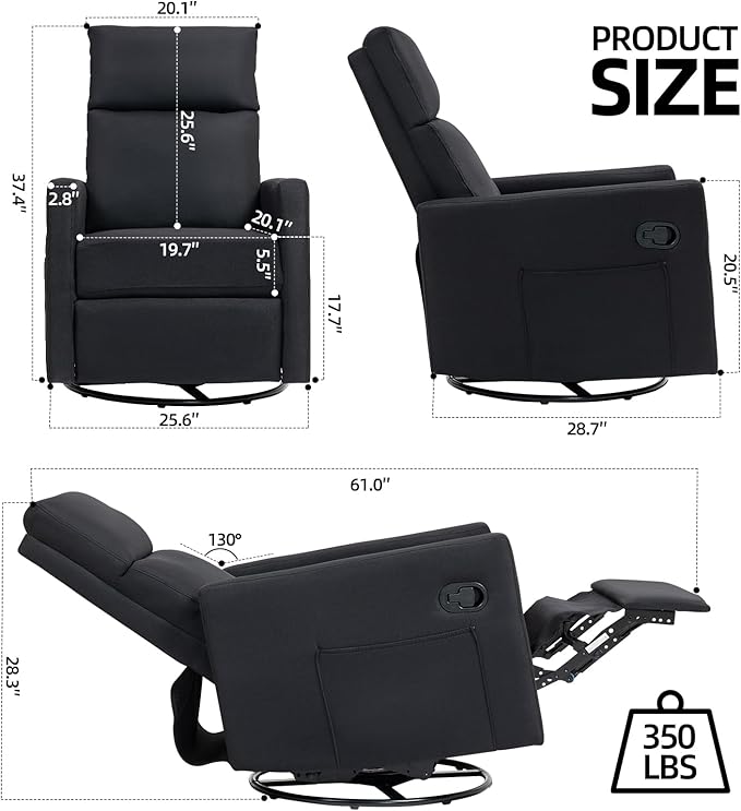 Swivel Rocker Recliner Chairs Set of 2, Upholstered Fabric Nursery Rocking Glider Chair with Adjustable Backrest and Footrest, Lay Flat Recliner Single Lazy Sofa for Living Room(Black)