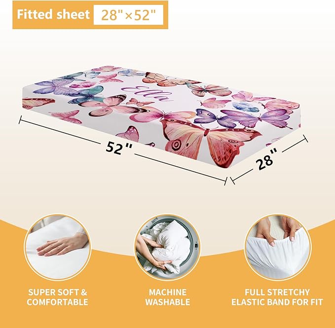 Personalized Baby Bedding Set, 5 Pcs Custom Infants Bedding Set with Infant Name, Double Layer Nursery Crib Set for Girls Boys, Customized Gifts for Toddler Baby Shower, Pink & Purple Butterfly