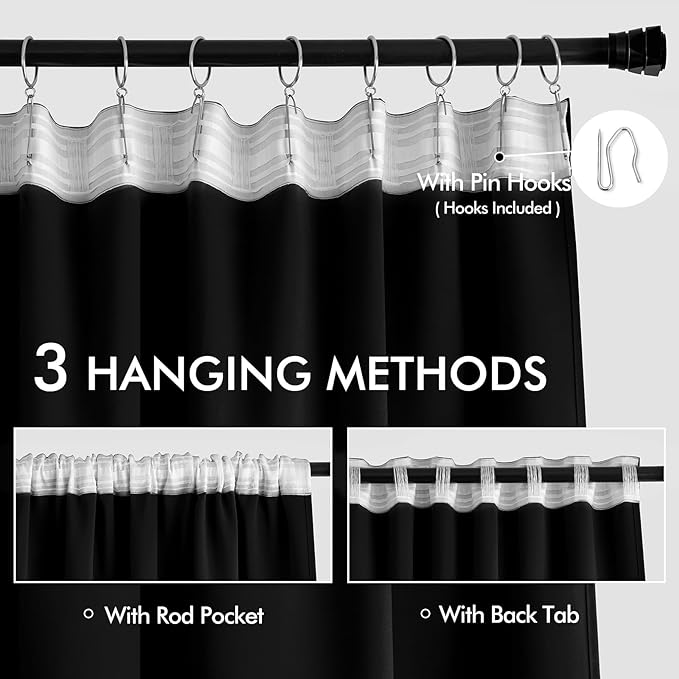 MIULEE Back Tab Blackout Curtains 105 Inch Long 2 Panels Set for Living Room Bedroom, Halloween Black Rod Pocket/Pinch Pleated Thermal Insulated Room Darkening Light Blocking Floor to Ceiling Drapes