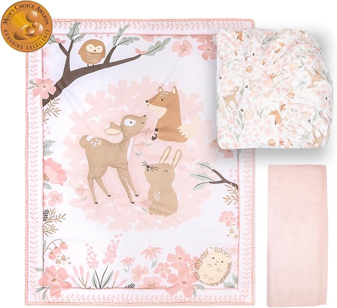 The Peanutshell 3 Piece Baby Crib Bedding Set for Girls - Newborn, Infant & Toddler Nursery Bed Set Decor with Fitted Crib Sheet, Dust Ruffle Comforter - Fairytale Forest