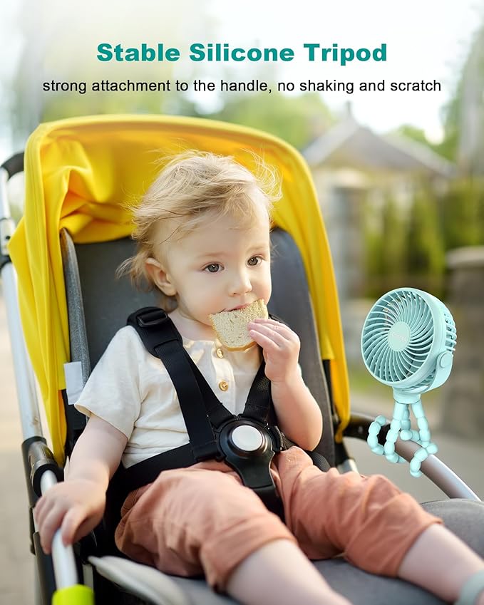 Stroller Fan Clip on for Baby, 4000mAh Rechargeable Battery Operated, Flexible Tripod, 3 Wind Speed, 360° Rotatable, Small Cooling Portable Fan for Car Seat Crib Bike Travel Beach, Blue